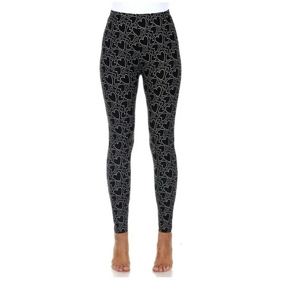 White Mark Women's Super Soft Black and White Hearts Leggings One Size Preowned - Picture 1 of 5